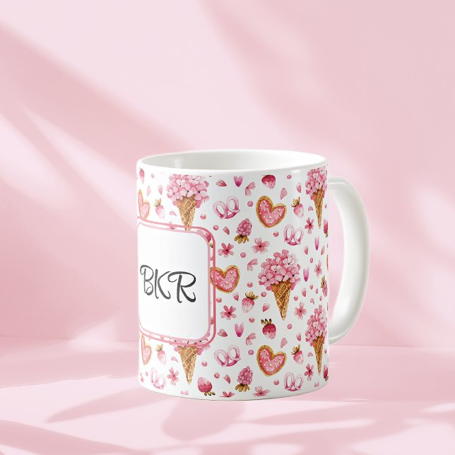 Monogram, Valentine Candy & Hydrangea Pattern 11oz Coffee Mug (Creator Uploaded)