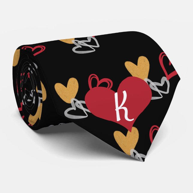 Monogram Valentine Red Gold White Heart Black Tie (Rolled)