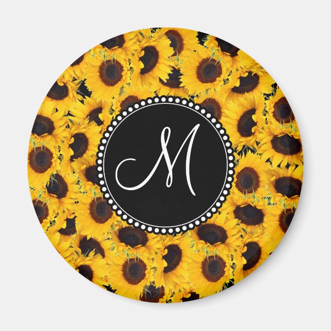 Monogram Vibrant Beautiful Sunflowers Floral Magnet (Front)