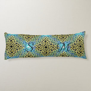 Monogram Victorian Golden Trim Aqua Background Body Pillow