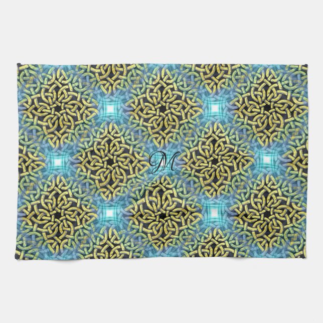 Monogram Victorian Golden Trim Aqua Background Kitchen Towel (Horizontal)