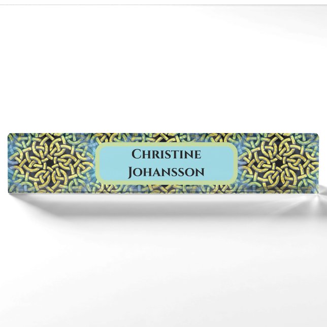 Monogram Victorian Golden Trim Aqua Background Nameplate (Front)