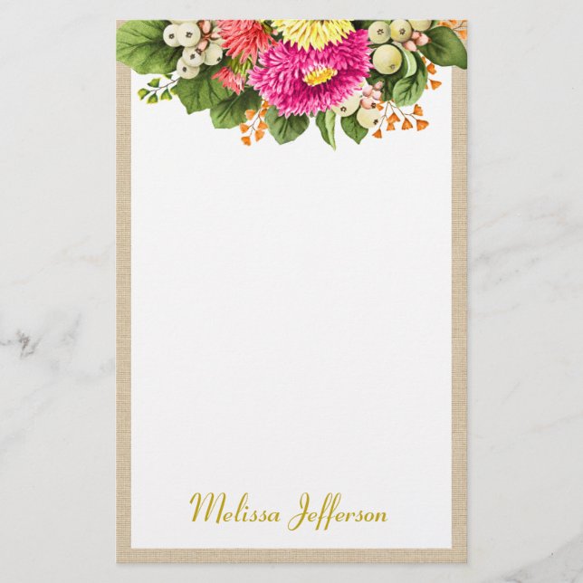 Monogram Vintage Asters Bouquet Pink Stationery (Front)