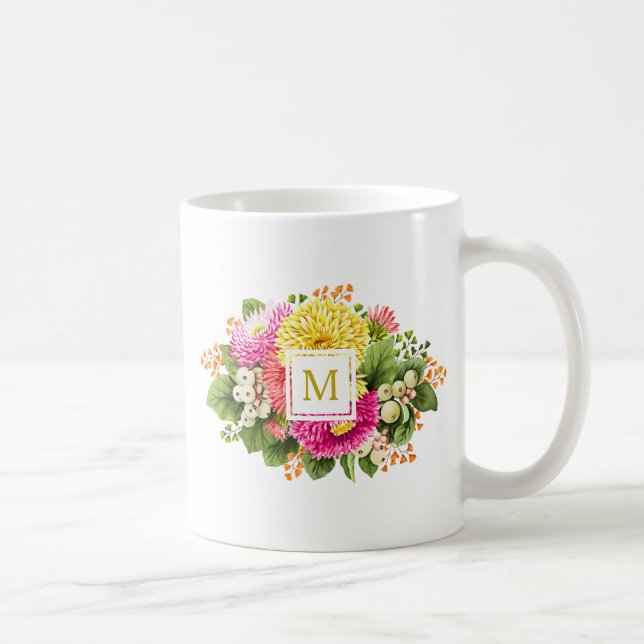 Monogram Vintage Asters Bouquet Pink Yellow Mug (Right)