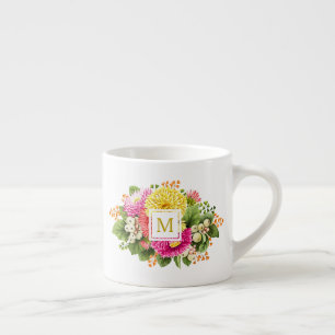 Monogram Vintage Asters Hot Pink Espresso Mug