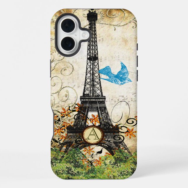 Monogram Vintage Bird Eiffel Tower iPhone Case (Back)