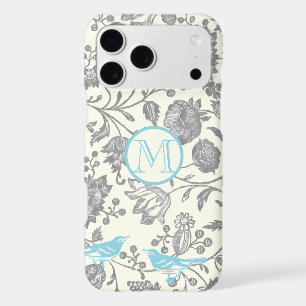 Monogram Vintage Bird Grey Ivory Aqua Blue