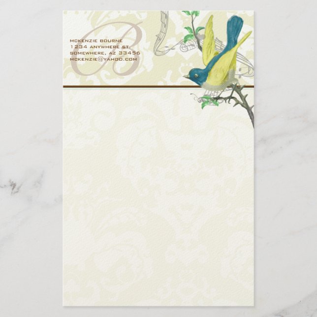 Monogram Vintage Bird Musical Branch Stationery (Front)
