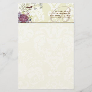 Monogram Vintage Bird Musical Damask  Stationery