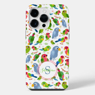 Monogram Vintage Birds Pattern, Colourful parakeet iPhone 14 Pro Max Case