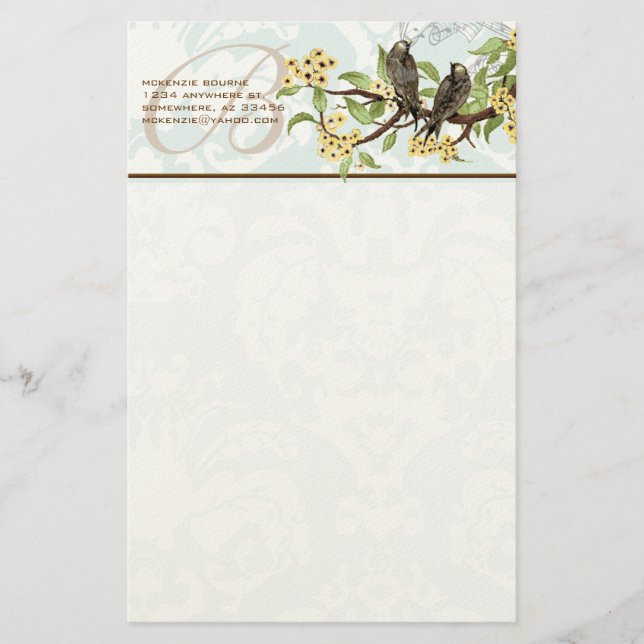 Monogram Vintage Birds Yellow Flowers Stationery (Front)