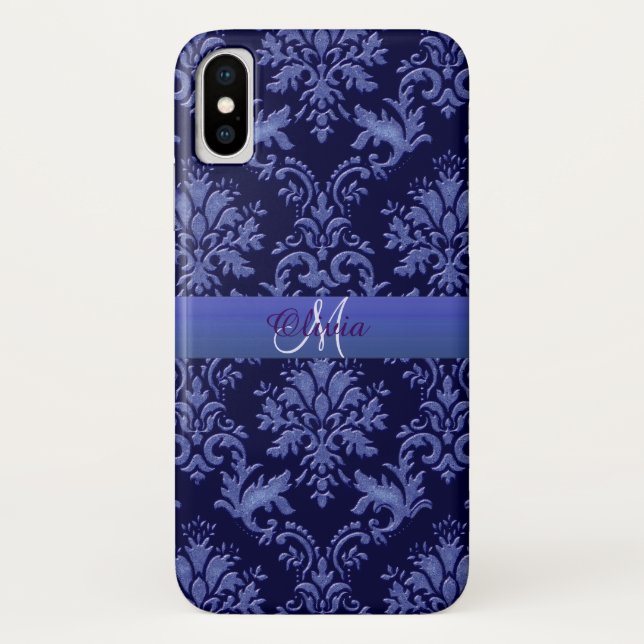 Monogram Vintage Blue Damask iPhone Case (Back)