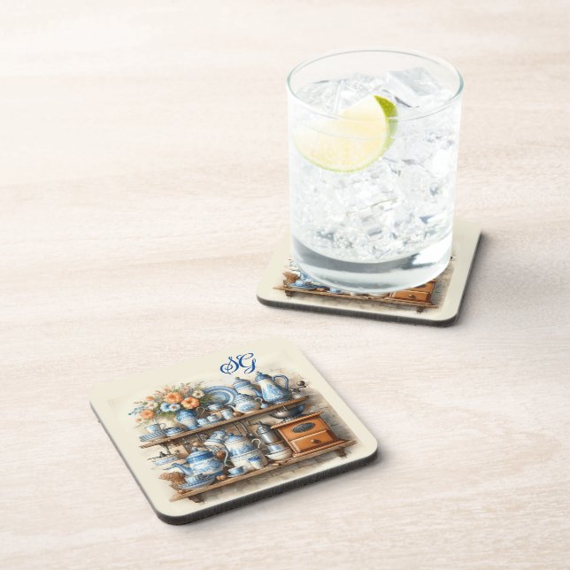 Monogram Vintage  Blue Kitchen  Coaster (Right Side)