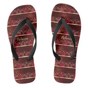 Monogram Vintage Burgundy Colour Decor Luxury Gold Flip Flops