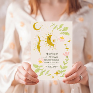 Monogram Vintage Celestial Botanical Wedding Invitation