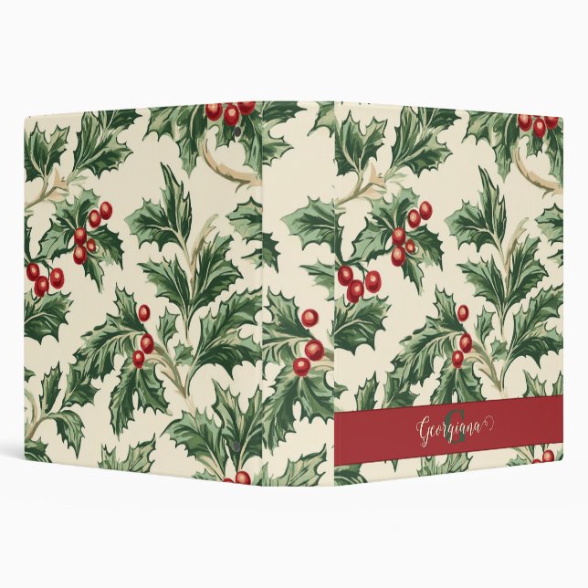 Monogram Vintage Christmas Holly & Berries Pattern Binder (Background)