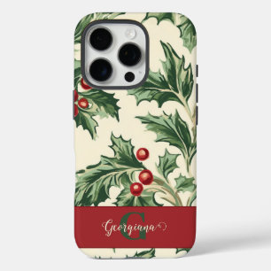Monogram Vintage Christmas Holly & Berries Pattern iPhone 16 Pro Case