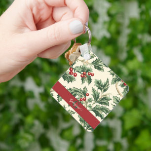 Monogram Vintage Christmas Holly & Berries Pattern Keychain