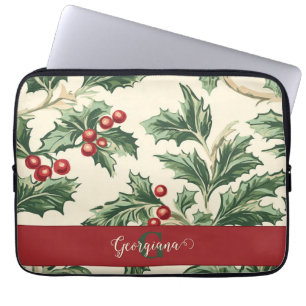 Monogram Vintage Christmas Holly & Berries Pattern Laptop Sleeve