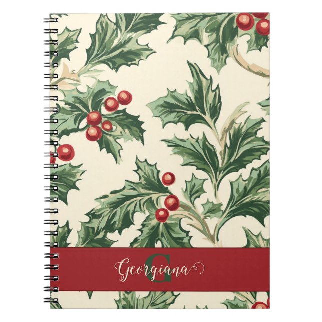 Monogram Vintage Christmas Holly & Berries Pattern Notebook (Front)