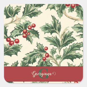 Monogram Vintage Christmas Holly & Berries Pattern Square Sticker