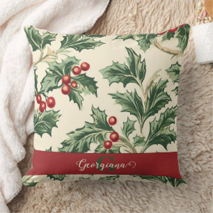 Monogram Vintage Christmas Holly & Berries Pattern Throw Pillow