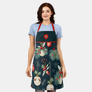 Monogram Vintage Christmas Teal and Red Pattern Apron