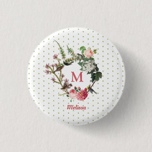 Monogram Vintage Floral & Bird Wreath Polka Dots 1 Inch Round Button
