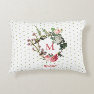 Monogram Vintage Floral & Bird Wreath Polka Dots Accent Pillow