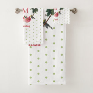 Monogram Vintage Floral & Bird Wreath Polka Dots Bath Towel Set