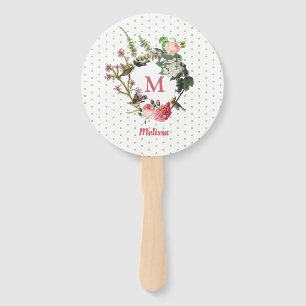 Monogram Vintage Floral & Bird Wreath Polka Dots Hand Fan