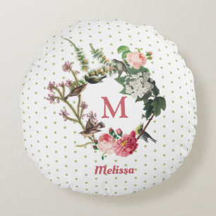 Monogram Vintage Floral & Bird Wreath Polka Dots Round Pillow