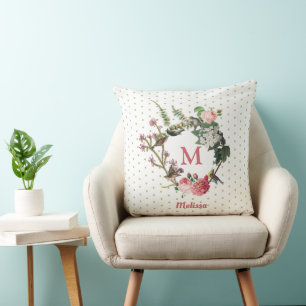 Monogram Vintage Floral & Bird Wreath Polka Dots Throw Pillow
