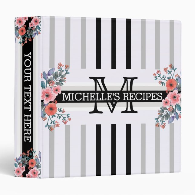 Monogram Vintage Floral Black Silver Stripes Binder (Front/Spine)