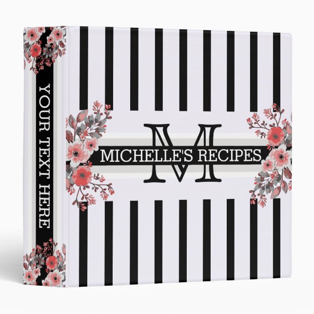 Monogram Vintage Floral Black Stripes #5 Binder (Front/Spine)