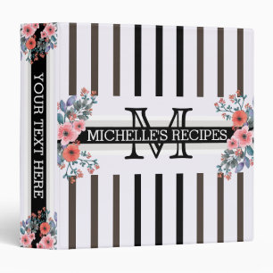 Monogram Vintage Floral Black Taupe Stripes Binder