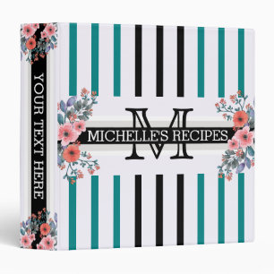 Monogram Vintage Floral Black Teal Stripes Binder
