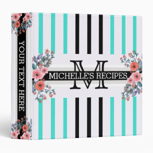 Monogram Vintage Floral Black Turquoise Stripes Binder