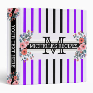 Monogram Vintage Floral Black Violet Stripes Binder