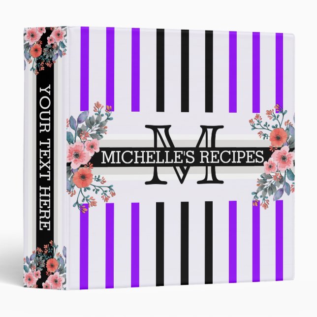 Monogram Vintage Floral Black Violet Stripes Binder (Front/Spine)