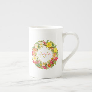 Monogram Vintage Floral Wreath China Mug