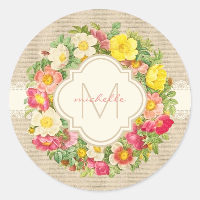 Monogram Vintage Floral Wreath Linen Round Sticker (Front)