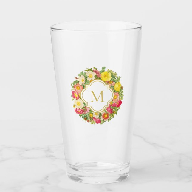 Monogram Vintage Floral Wreath Wild Roses Glass (Front)