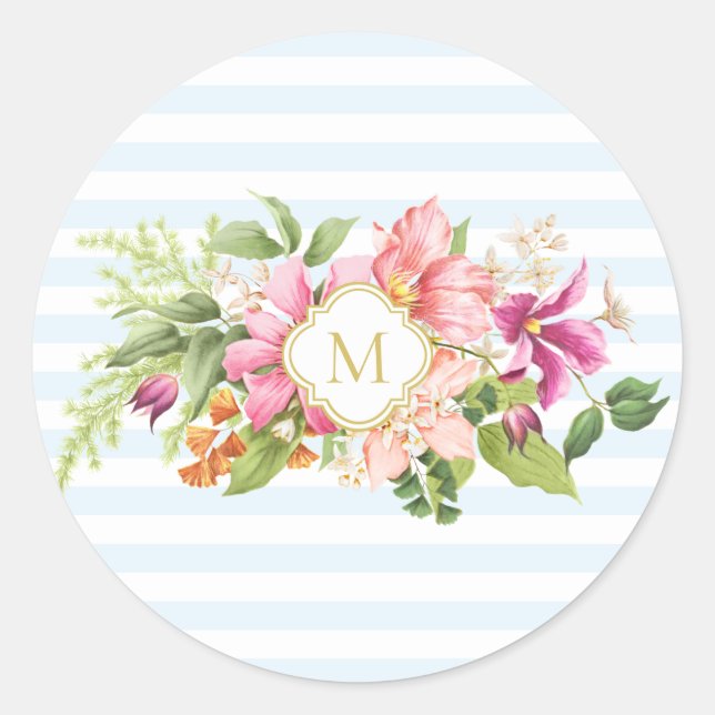 Monogram Vintage Flowers Pink Blue Pastel Stickers (Front)