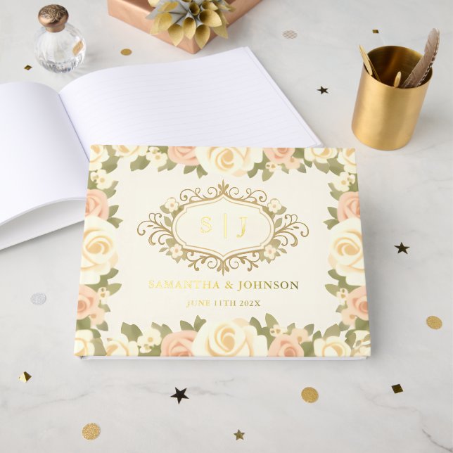 Monogram Vintage Ivory Wedding  Guest Book (Front Open)