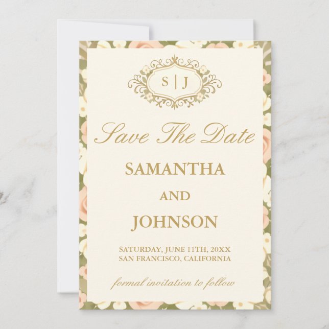Monogram Vintage Ivory Wedding Save the Date Card (Front)