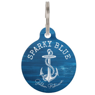 Monogram Vintage Nautical Anchor Blue Painted Wood Pet Tag