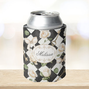 Monogram Vintage Rose Flowers Black White Diamond Can Cooler