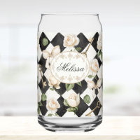 Monogram Vintage Rose Flowers Black White Diamond