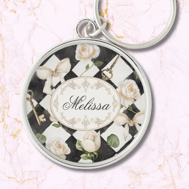 Monogram Vintage Rose Flowers Black White Diamond Keychain (In situ)